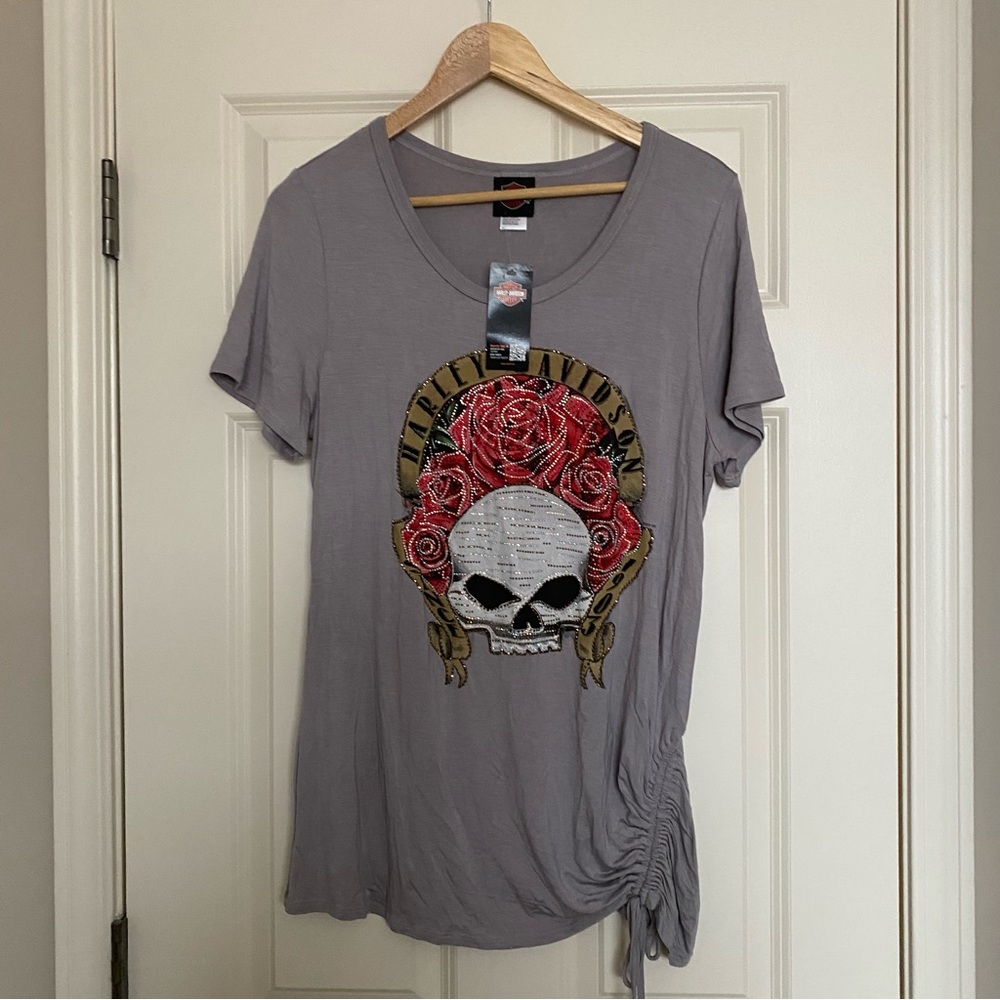 NWT Harley Davidson Grey Beaded Top with Rouching Size 1XL